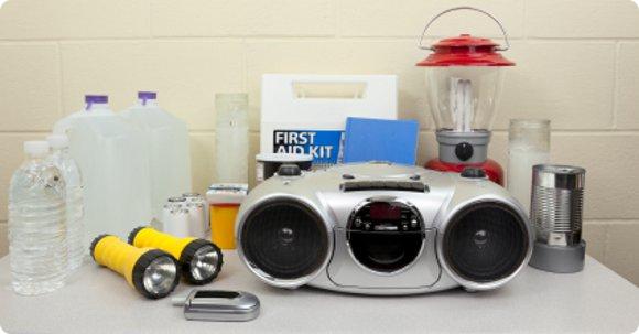 Emergency supplies including lantern, radio, flashlights and bottled water