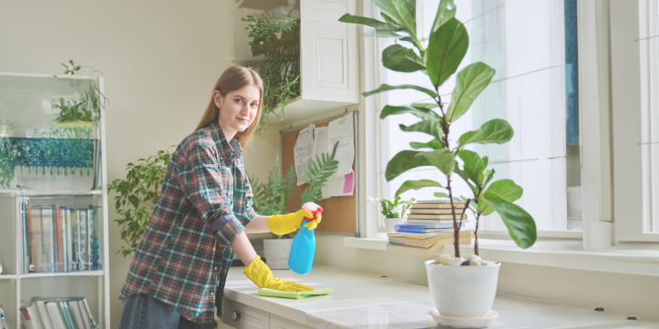 Woman holding cleaning spray and wiping down counter
