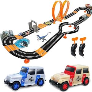 Jurassic World Electric Race Car Track Set With Loops, Includes 2 x Slot Car, Dinosaur Figure & Accessories, Jurassic Park Kids Toys - 5.9M / 19.3FT Racetrack For Kids 841006JW (Mega Predator Pursuit)