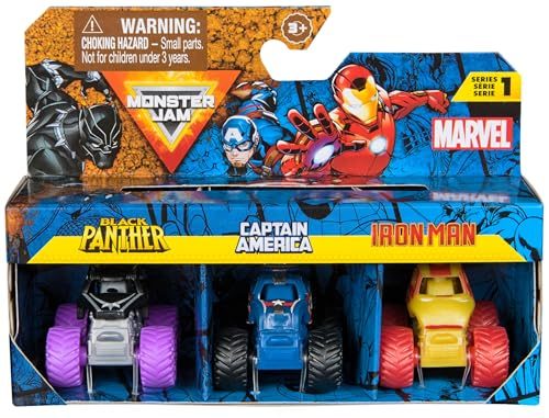 Monster Jam, Marvel Mini Monster Truck 3-Pack, Black Panther, Captain America, Iron Man Die-Cast Monster Trucks